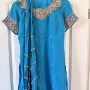 Blue embroidered Pakistani churidaar outfit